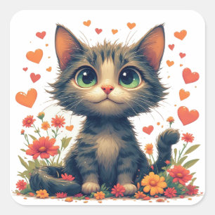 Adesivo Quadrado Gato Feliz Com Flores Cartoon Diversão 🌸