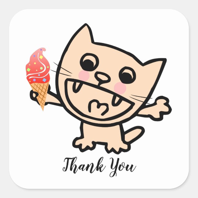 Adesivo Quadrado Gato Feliz com Sorvete (Frente)