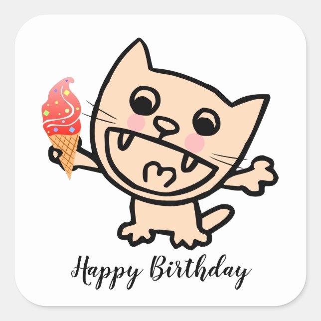 Adesivo Quadrado Gato Feliz com Sorvete (Frente)