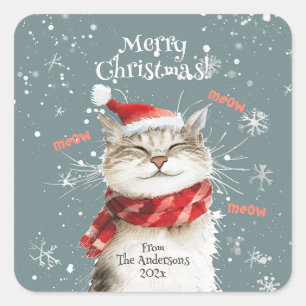 Adesivo Quadrado Gato Feliz Vinheta de Natal