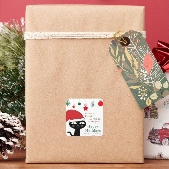 Adesivo Quadrado Gato festivo bonito com moderno Red Santa Hat (Feriado)