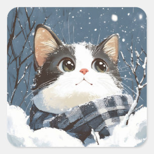Adesivo Quadrado Gato fofo aconchegante neve de inverno