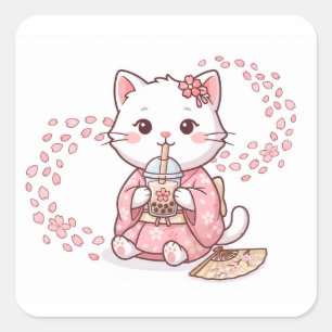 Adesivo Quadrado Gato Fofo Bebendo Chá de Bolhas de Sakura