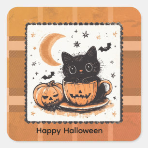 Adesivo Quadrado Gato Fofo de Halloween Abóbora