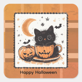 Adesivo Quadrado Gato Fofo de Halloween Abóbora