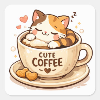 Adesivo Quadrado Gato Fofo Dentro da Xícara de Café | Design Aconch