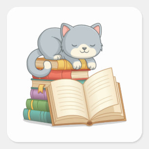 Adesivo Quadrado Gato Fofo em cima de uma Pilha de Livros