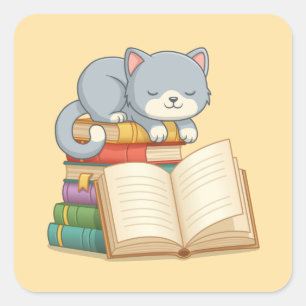 Adesivo Quadrado Gato Fofo em cima de uma Pilha de Livros Amarelo