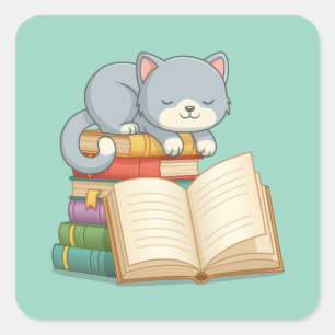 Adesivo Quadrado Gato Fofo em cima de uma Pilha de Livros Verde