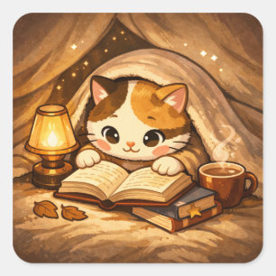 Adesivo Quadrado Gato Fofo Lendo Livro   Gato Amante de Livros Acon