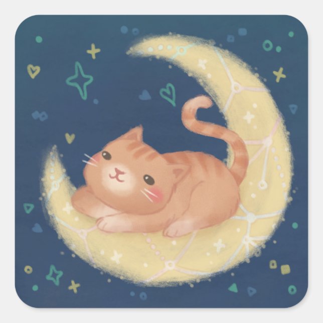 Adesivo Quadrado Gato Fofo na Lua (Frente)