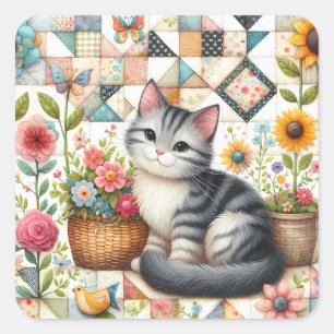 Adesivo Quadrado Gato Fofo no Quilt Floral Cottagecore