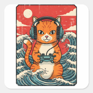 Adesivo Quadrado Gato Gamer Anime Fofo Japonês Jogos Retro