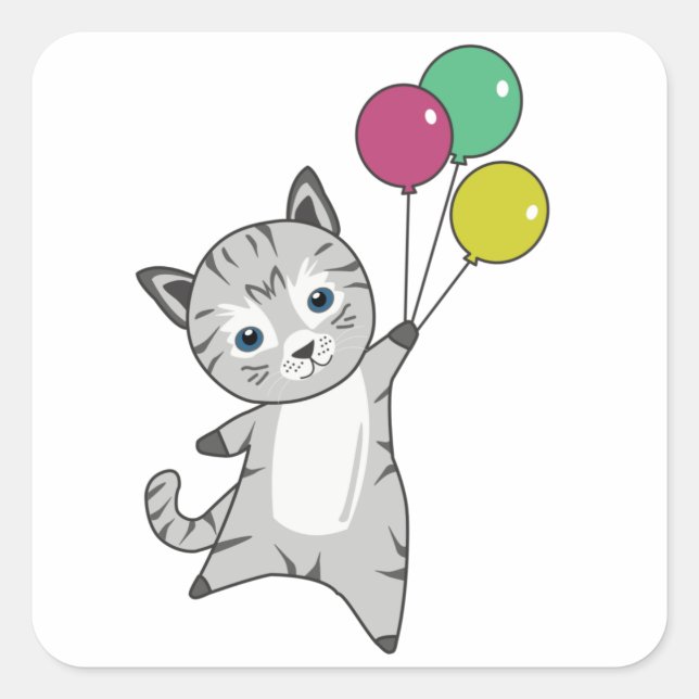 Adesivo Quadrado Gato Gatinho Balões Doce Animais Tricolor (Frente)