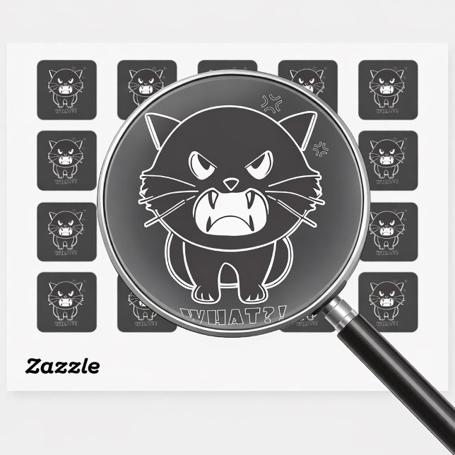 Adesivo Quadrado Gato giro bonito cantando o quê. (Cute angry cat hissing What. Square Sticker)