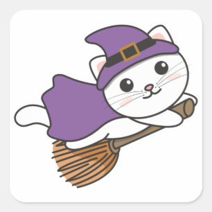 Adesivo Quadrado Gato Halloween Bruxas Crianças de Bruxas Stic.