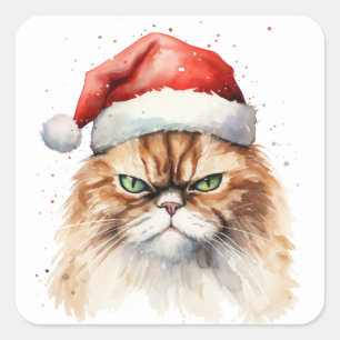 Adesivo Quadrado Gato Irritado de Natal com Aquarela