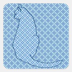 Adesivo Quadrado Gato Japonês - Blue Kimono Impressão
