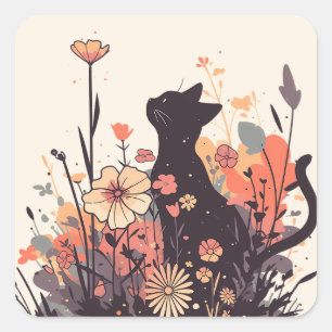 Adesivo Quadrado Gato Kawaii Bonito no Cheio de Campo de Flores