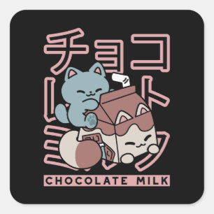 Adesivo Quadrado Gato Kawaii com Leite de Chocolate – Arte Pop Japo