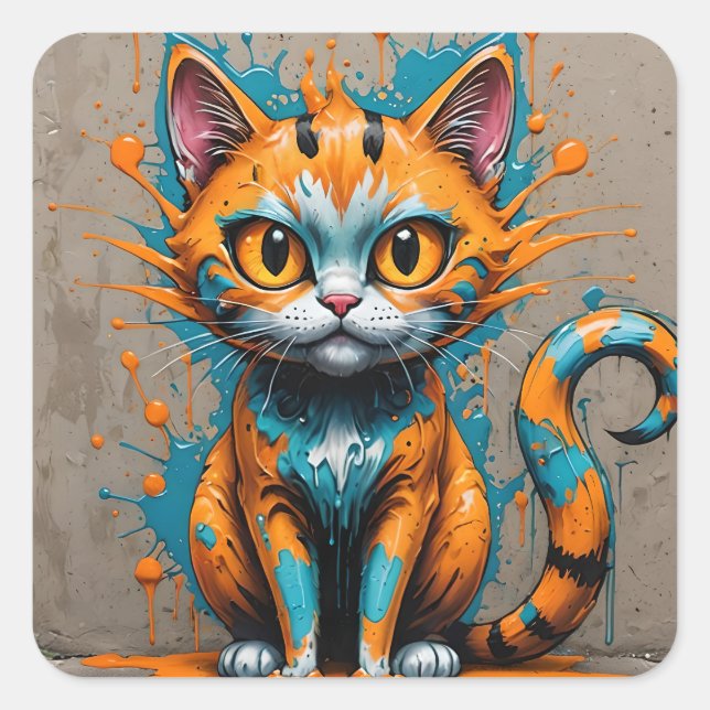 Adesivo Quadrado Gato Laranja Água/Tinta Sprinkle Azul Turquesa (Frente)
