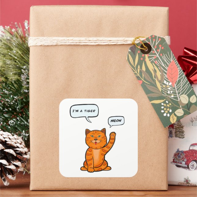 Adesivo Quadrado Gato laranja bonito diz "Miau". Tigre 2022 T-Shirt (Feriado)