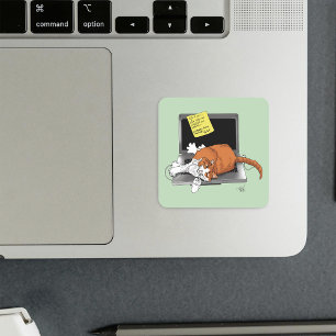 Adesivo Quadrado Gato Laranja Engraçado Notebook Verde Trabalho Cas