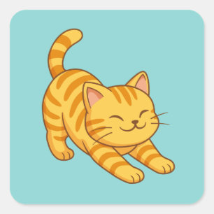 Adesivo Quadrado Gato Listrado Laranja Esticando Verde