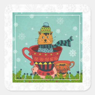 Adesivo Quadrado Gato lunático que senta-se em um Natal do Teacup