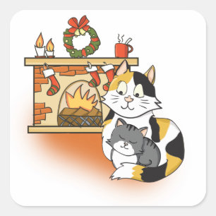 Adesivo Quadrado Gato-mãe bonito e Lareira de Natal de Kitten