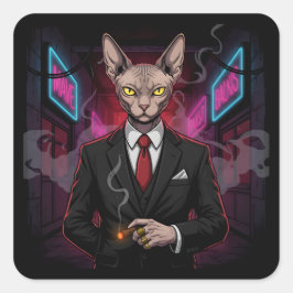 Adesivo Quadrado Gato Mafioso Sphynx em Estilo Neon Noir