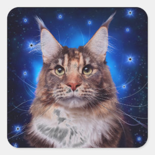 Adesivo Quadrado Gato Main Coon Fundo Azul Estrelas