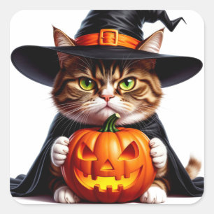 Adesivo Quadrado Gato Mal-Humorado Bruxo Com Abóbora de Jack O Lant