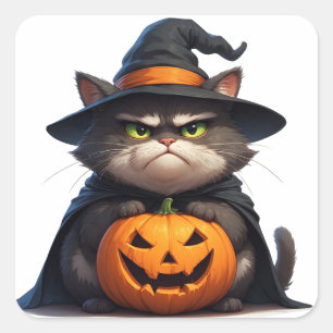 Adesivo Quadrado Gato Mal-Humorado do Halloween Segurando Lanterna