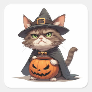 Adesivo Quadrado Gato Mal-Humorado E Amigo Abóbora de Halloween 🎃
