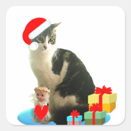 Adesivo Quadrado gato malhado de Natal e pequeno anjo fofo