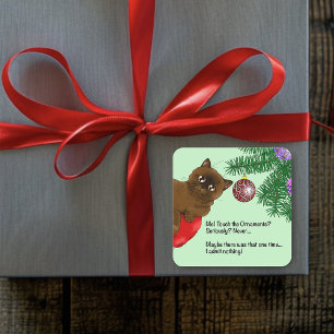 Adesivo Quadrado Gato Marrom de Natal Verde Divertido Humor Fofo