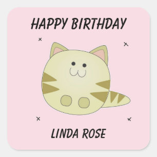 Adesivo Quadrado Gato marrom fofo padrão rosa aniversário feliz