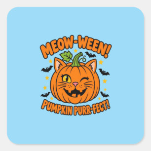 Adesivo Quadrado Gato Meow Ween Abóbora Perfeito Cute Halloween T-S