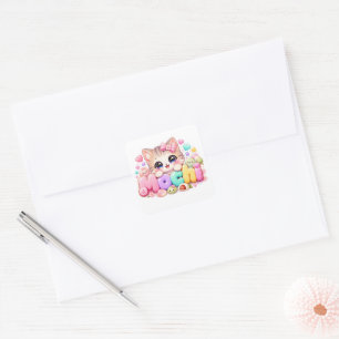 Adesivo Quadrado Gato Mochi Kawaii Fofo Nome Rosa Pastel Brilhante 