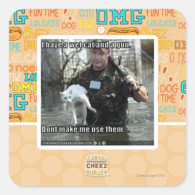 Adesivo Quadrado Gato molhado e arma (Frente)