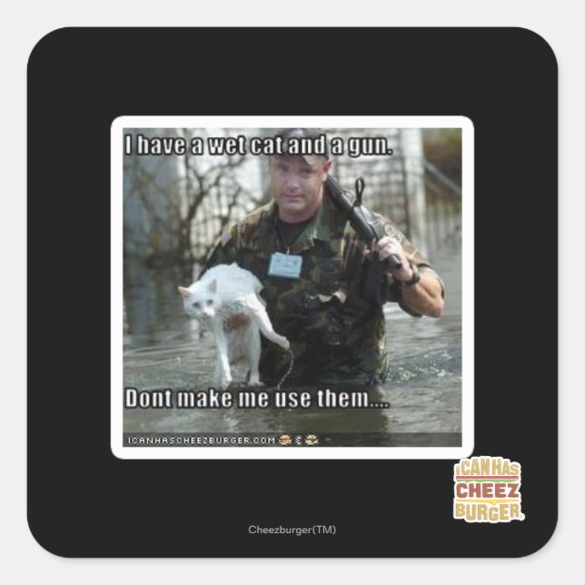 Adesivo Quadrado Gato molhado e arma (Frente)