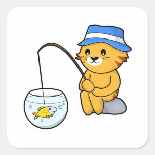 Adesivo Quadrado Gato na pesca com Peixe em Vidro
