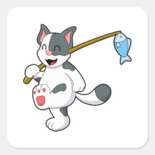 Adesivo Quadrado Gato na pesca com vara de pesca