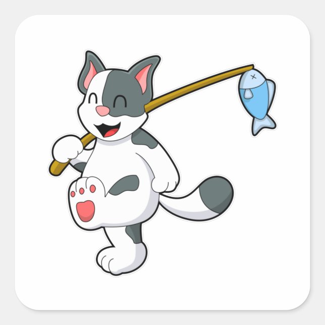 Adesivo Quadrado Gato na pesca com vara de pesca (Frente)