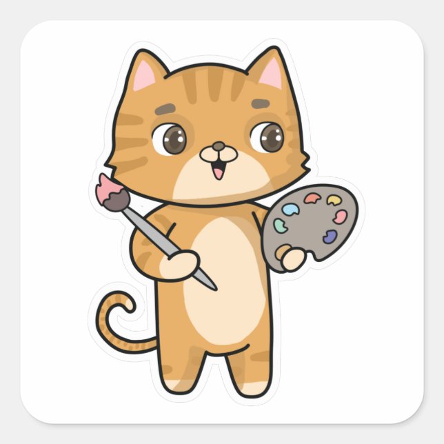 Adesivo Quadrado Gato na pintura com cor e pincel (Frente)