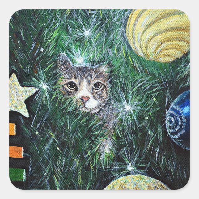 Adesivo Quadrado Gato na pintura da árvore de Natal (Frente)