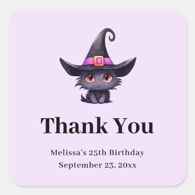 Adesivo Quadrado Gato Negro Bonito no Chapéu de uma Bruxa. (Frente)