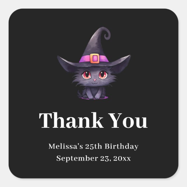 Adesivo Quadrado Gato Negro Bonito no Chapéu de uma Bruxa. (Frente)