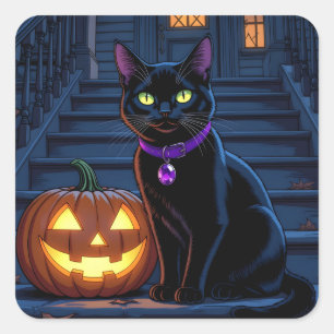 Adesivo Quadrado Gato Negro e Jack-O-Lanterna Halloween